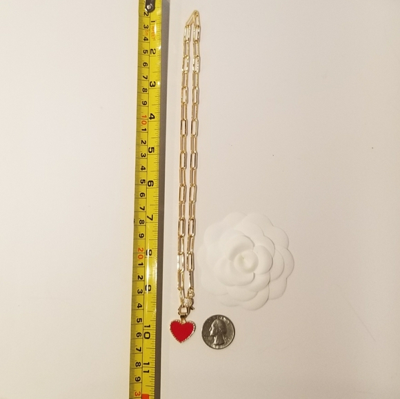 Red Enamel Heart Gold Paperclip Chain Necklace - Picture 6 of 7